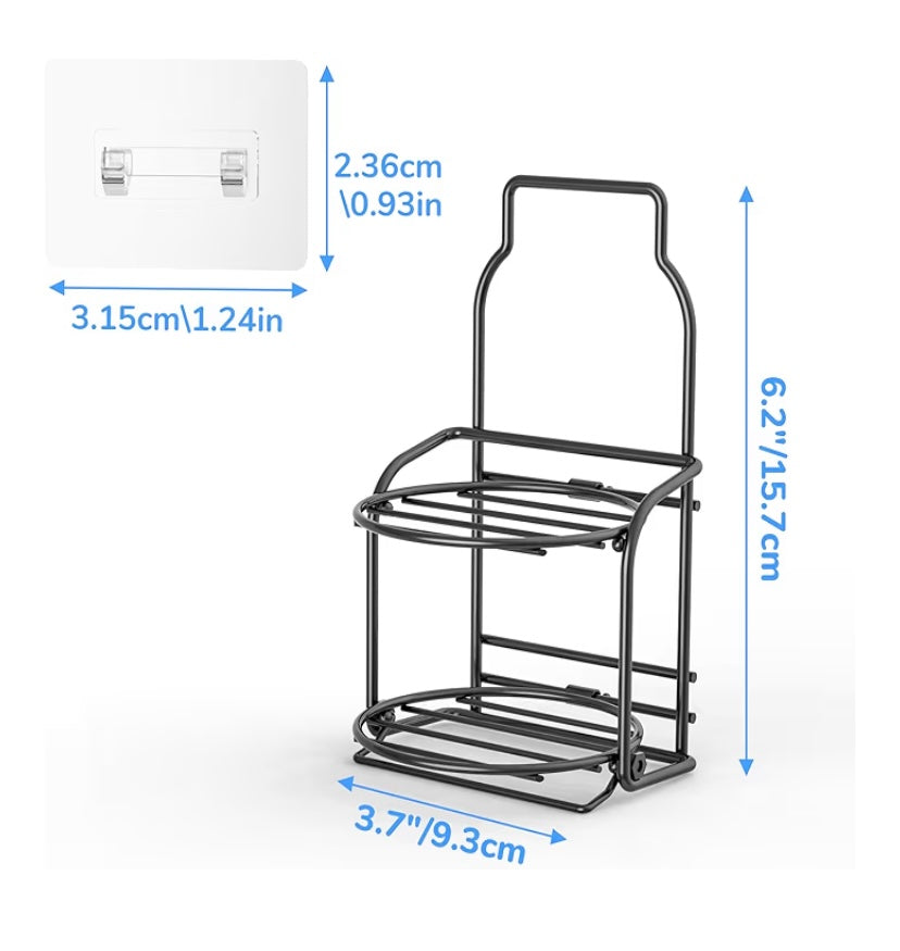 Black metal caddy with dimensions labeled on a white background