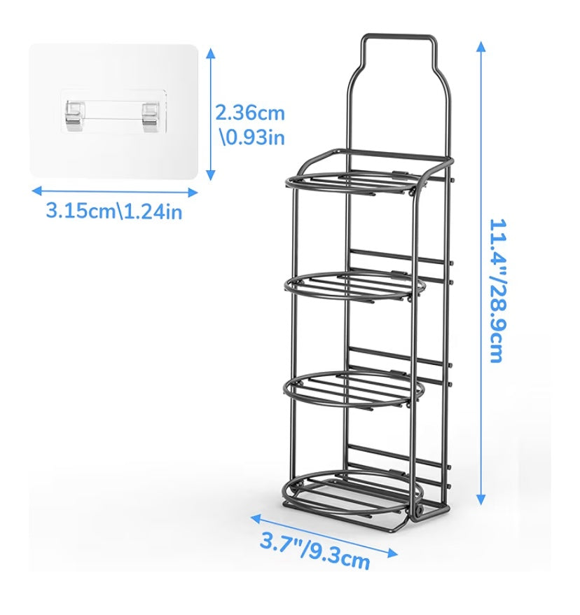 Black metal shower caddy with dimensions labeled on a white background