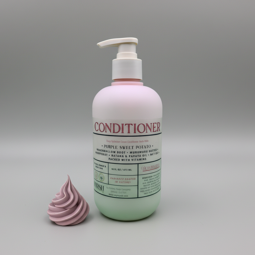 Bottle of conditioner with a pump and a sample of purple conditioner on a grey background