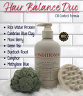 Conditioner bottle with hair care products on a white tiled background, featuring text about hair growth ingredients.