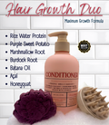 Conditioner bottle with hair care products on a white tiled background, featuring text about hair growth ingredients.