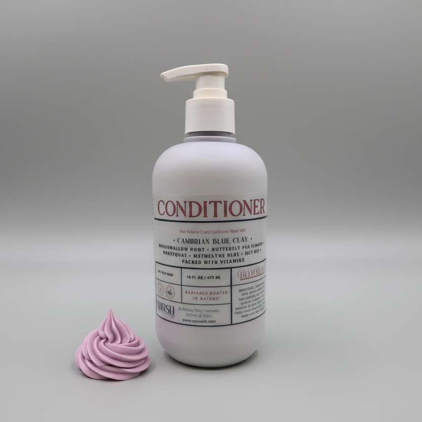 Bottle of conditioner with a pump and a sample of blue grey conditioner on a grey background