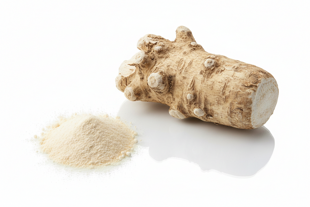 marshmallow root with a scoop of marshmallow powder on a white background