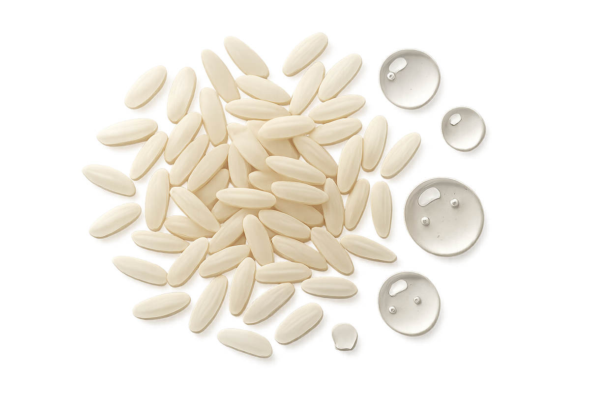 pile of random white longshen rice grains and a few drips on hydrolyzed rice protein with transparent background