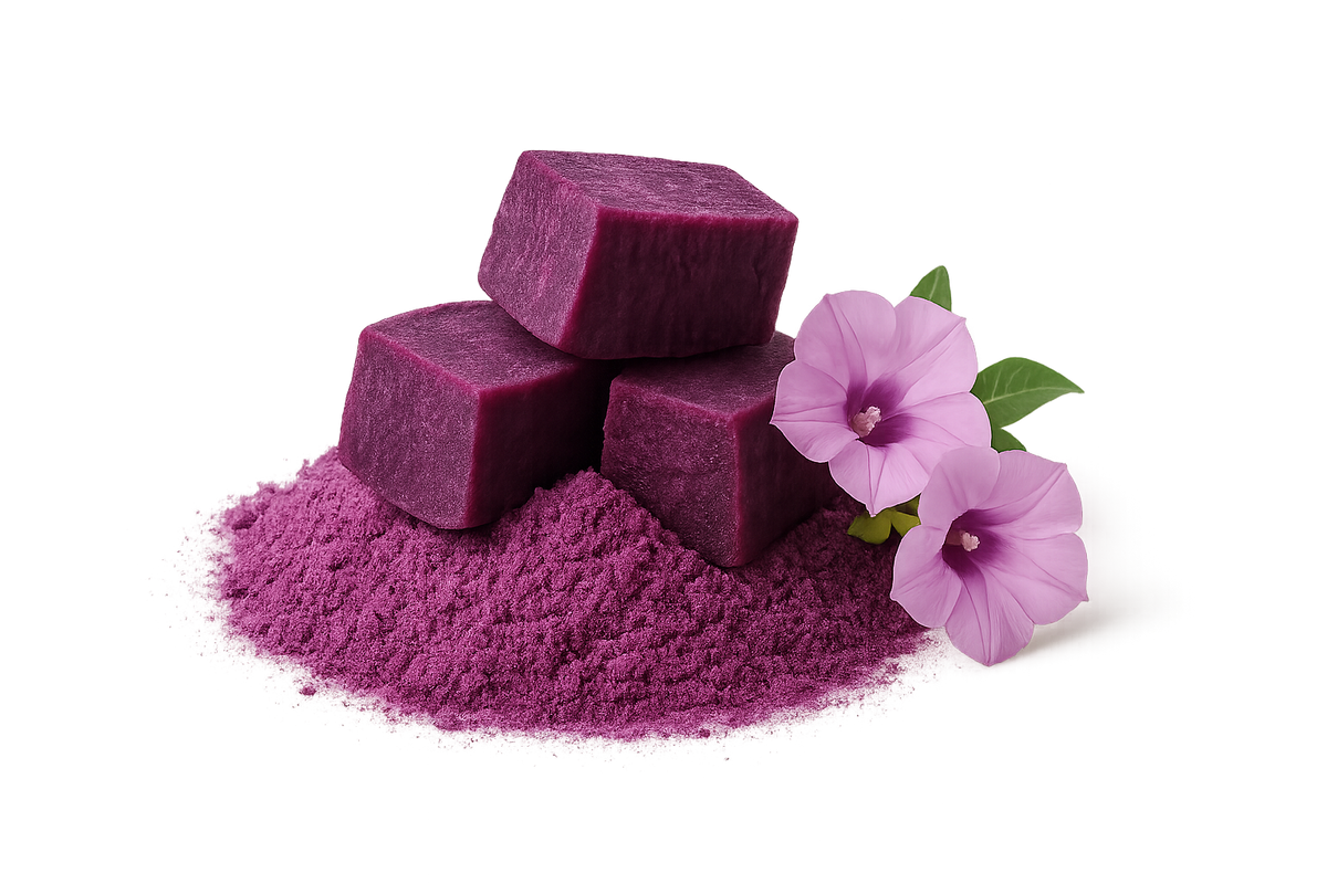 Purple sweet potato chunks in a small pile of purple sweet potato powder and purple sweet potato blossom with transparent background