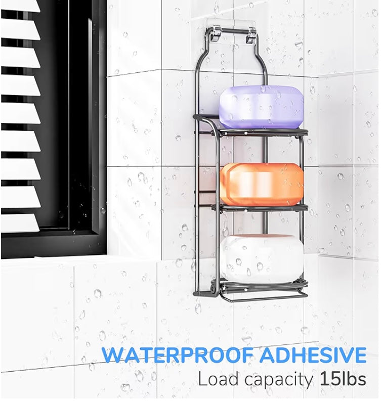 Shampoo bar wire caddy with bars on a tiled wall, featuring waterproof adhesive.