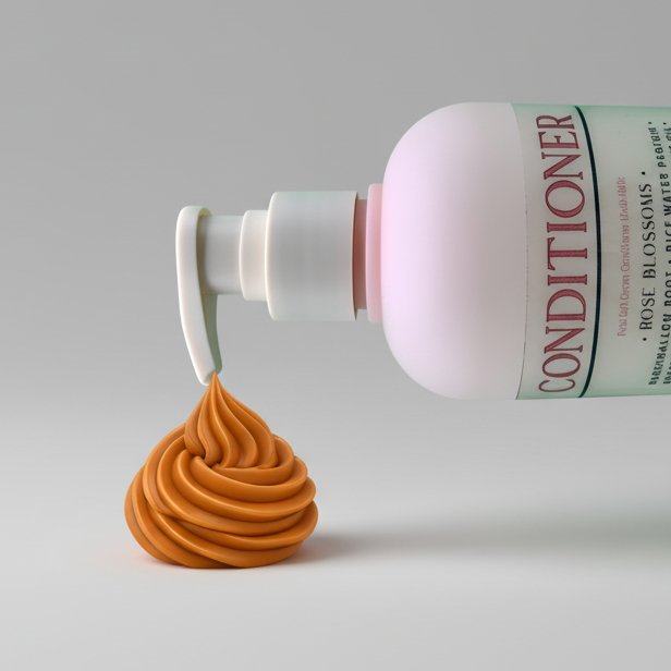 Conditioner bottle with pump and sample on a grey background