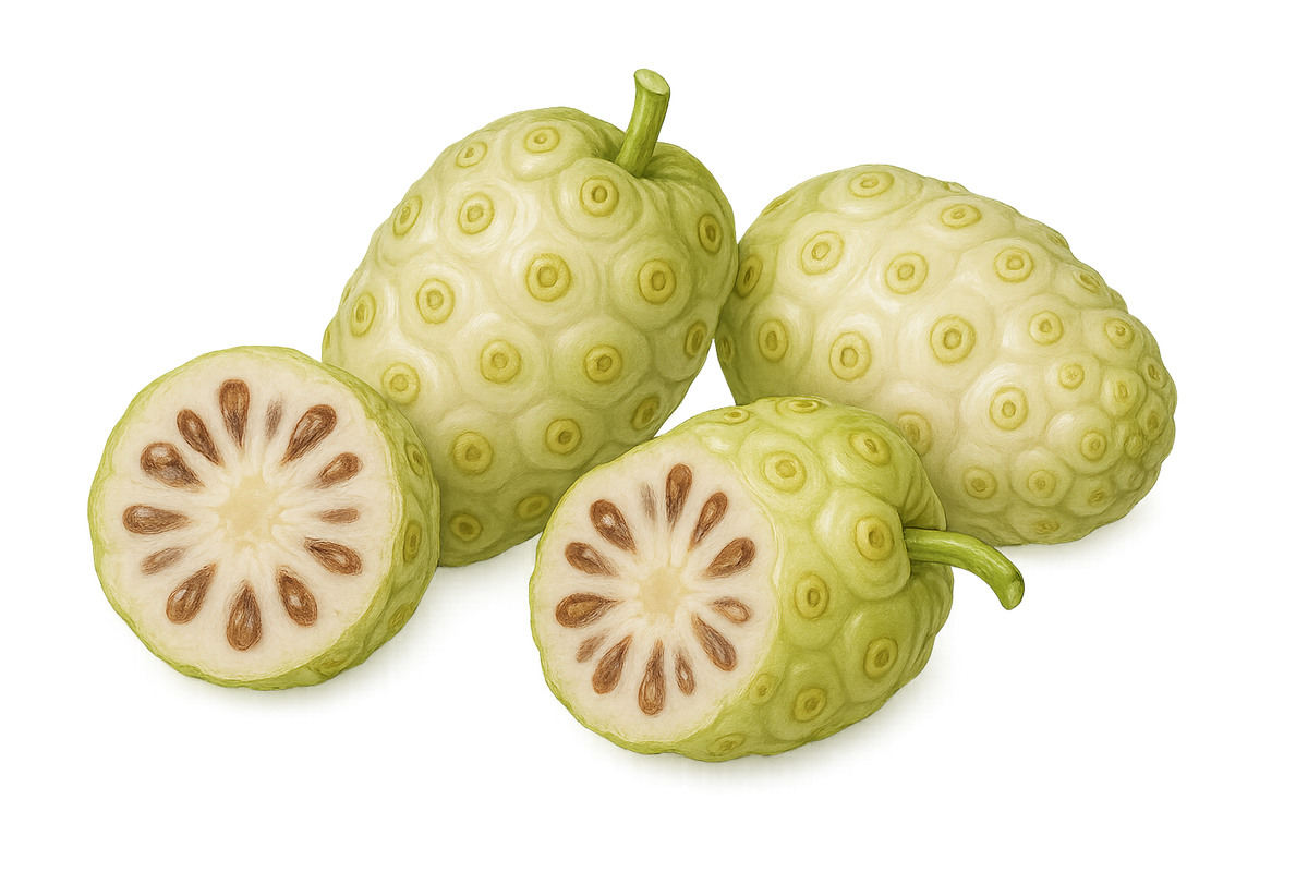 whole and split noni berries with transparent background